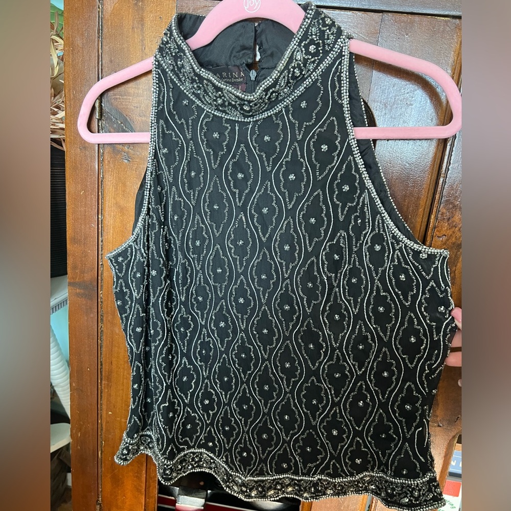 Marina silk & polyester beaded And Sequin Embellished Hi Neck tank top L